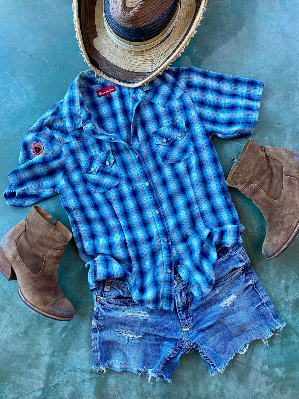 Panhandle Slim Blue Plaid Short-Sleeve Snap-Down Shirt - Picture 11 of 12